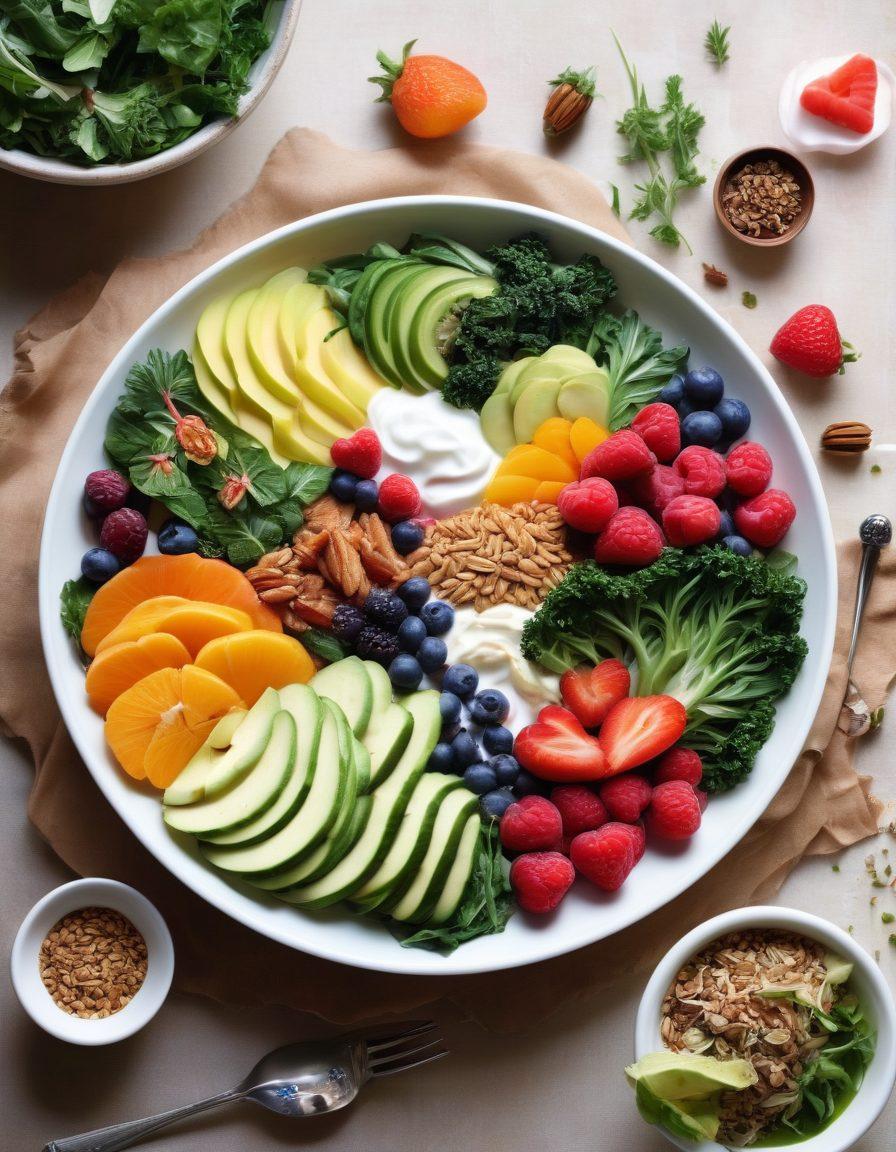 A beautifully arranged plate featuring a variety of gut-friendly foods such as yogurt, leafy greens, colorful fruits, and whole grains, surrounded by illustrations of digestive organs and hearts to symbolize gut health. Soft, warm lighting to evoke a sense of wellness and nourishment. The background should include subtle herbs and spices for a holistic touch. vibrant colors. super-realistic.