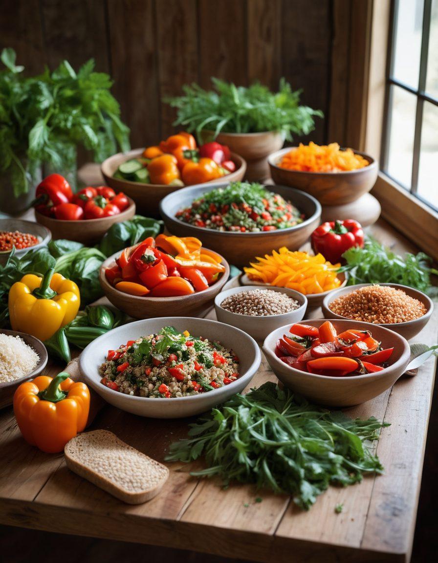A colorful array of IBS-friendly foods arranged on a beautiful wooden table, featuring fresh vegetables, whole grains, and delicious-looking recipes, with a soft-focus kitchen background filled with herbs and spices. Incorporate a serene atmosphere with natural light streaming in, highlighting the healthy options. super-realistic. vibrant colors. warm tones.