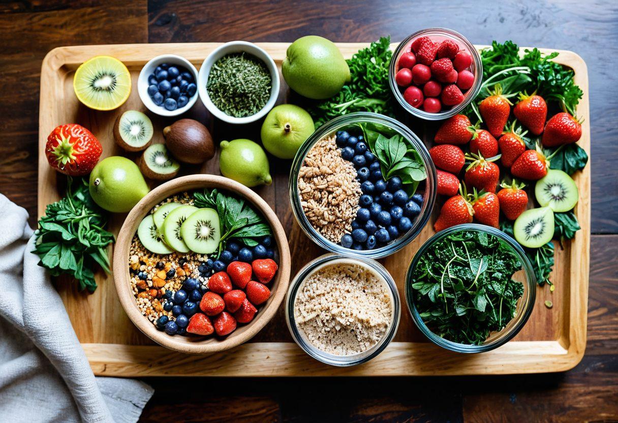 A vibrant and colorful spread of a balanced meal, showcasing fresh fruits, leafy greens, whole grains, and lean proteins arranged beautifully on a wooden table. In the background, a serene kitchen setting with light streaming in, featuring jars of spices and a blender, symbolizing healthy cooking. Infuse a sense of health and harmony through the elements, suggesting digestive wellness. super-realistic. vibrant colors. warm lighting.